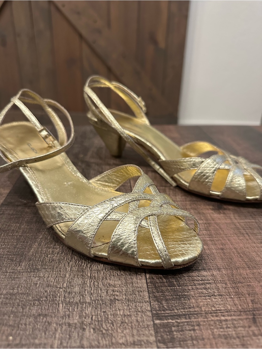 Metallic Gold Strappy Open-Toe Heeled Sandals